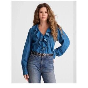 Madewell Women Denim Pintuck Ruffle Detail Sz S Cotton Button Up Blouse Romantic